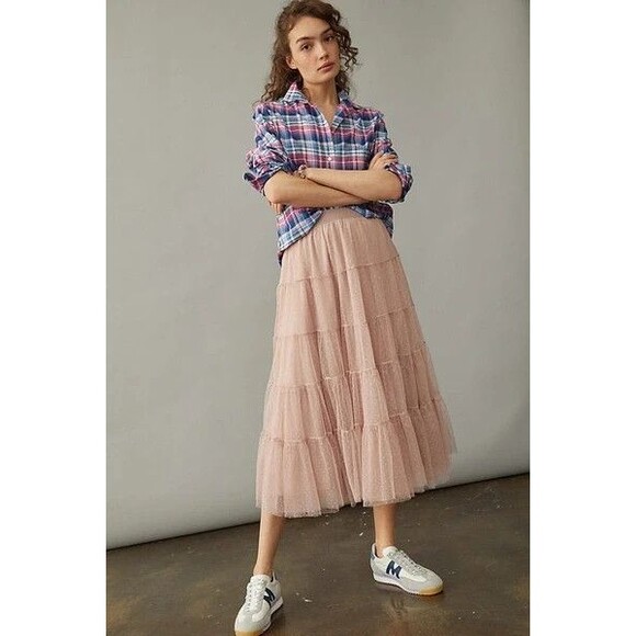 Anthropologie Serena Tiered Tulle Midi Skirt Pink Rose Size Small NWOT - Picture 1 of 6
